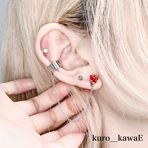 両耳用-薔薇のチェーンピアス / イヤリング フェイクピアス ノンホール
