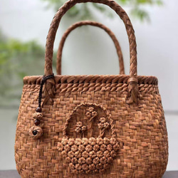 山葡萄籠バッグ 手作り 網代編み・花編み 巾着タイプ内布 オリジナル