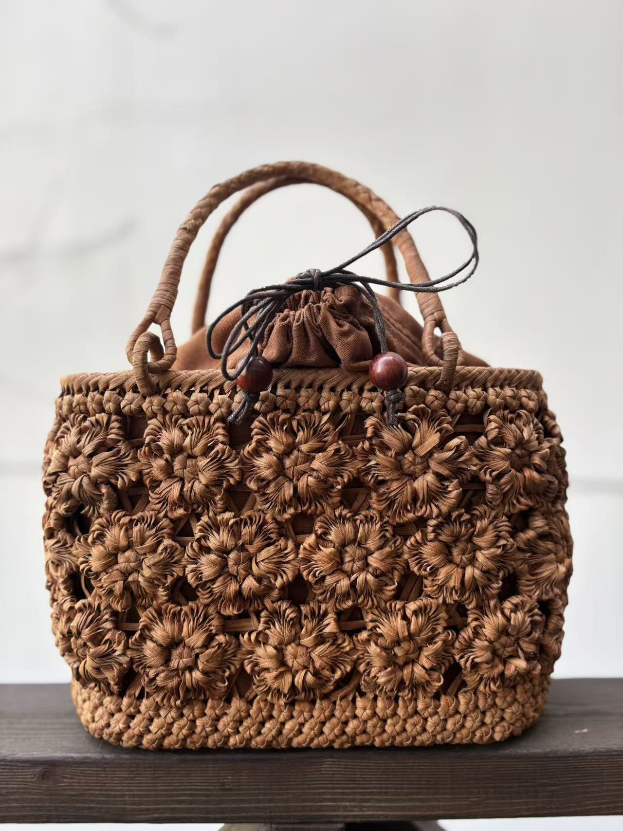 山葡萄籠バッグ　山葡萄かごバッグ　内布あり　花編み　オリジナルデザイン