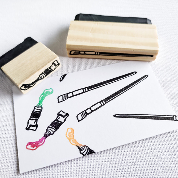 消しゴムはんこNo.75  ちびくまと絵の具筆 アートな絵筆と絵の具チューブセットミニ はんこ・スタンプ 消しゴム