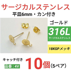 (10個　5ペア)　316L サージカルステンレス　カン付き　環付　平皿6mm　ゴールド 1枚目の画像