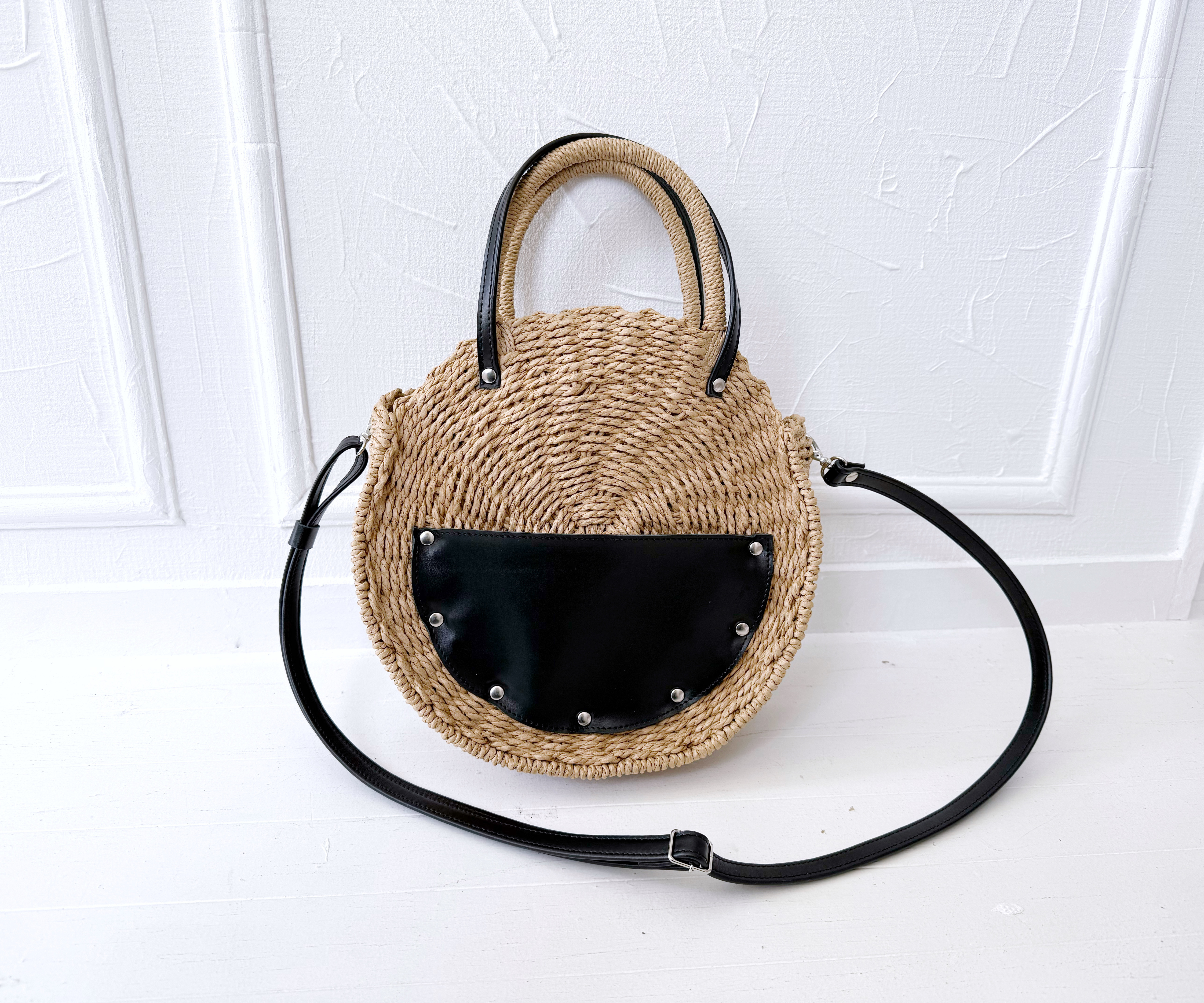 サークル かごバッグ ショルダーバッグ 本革 ブラック