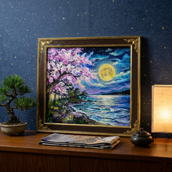 原画】月下美桜｜油彩画 桜 幻想的な夜の風景画 ギフト インテリア