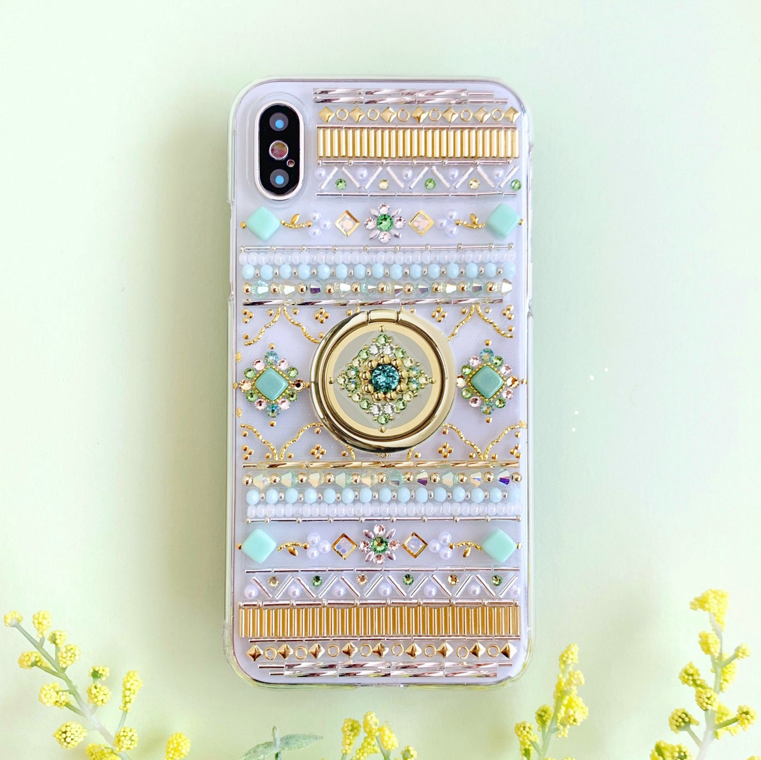 【全機種制作可】すっきり爽やかミントグリーン/8月誕生石ペリドット/スマホリング付きケース