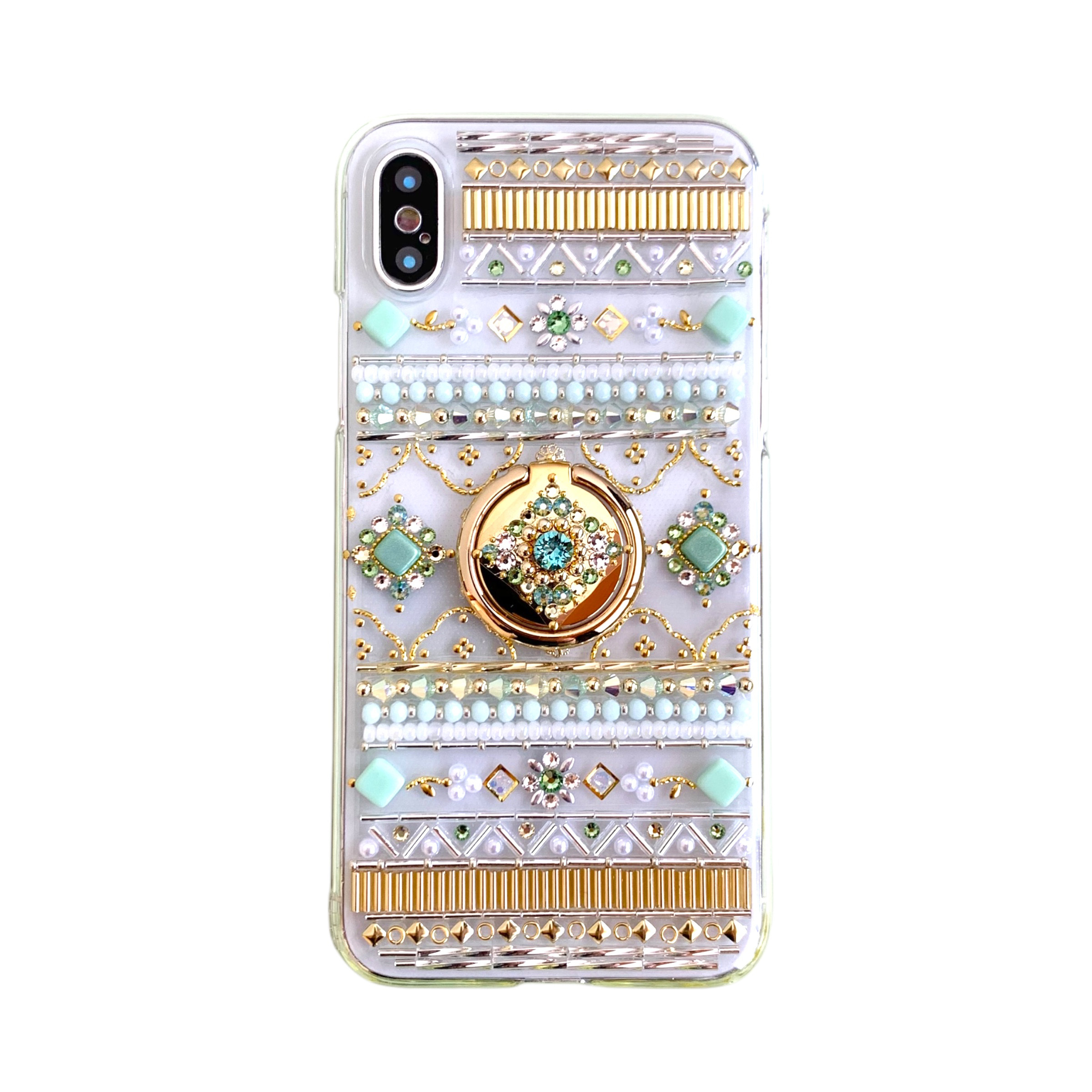 【全機種制作可】すっきり爽やかミントグリーン/8月誕生石ペリドット/スマホリング付きケース