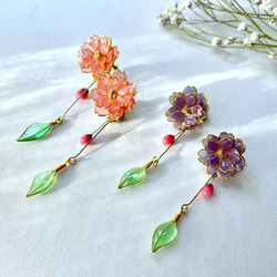 八重桜の色が変わるイヤリング/ピアス٭❀*蕾と葉が揺れる大人綺麗