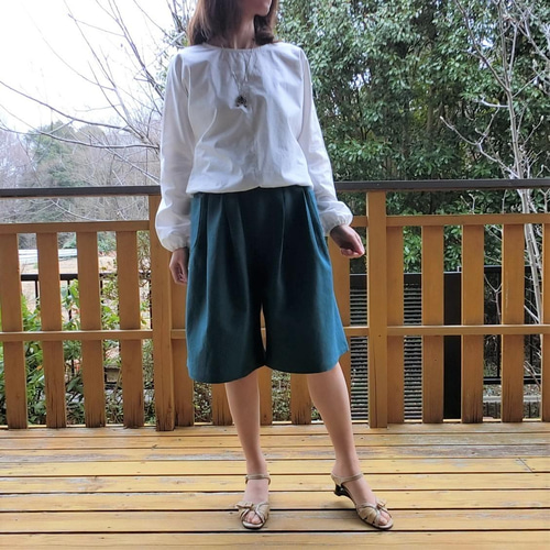 受注【綿麻】タック ミディ キュロット ゆったり膝丈ガウチョパンツ L