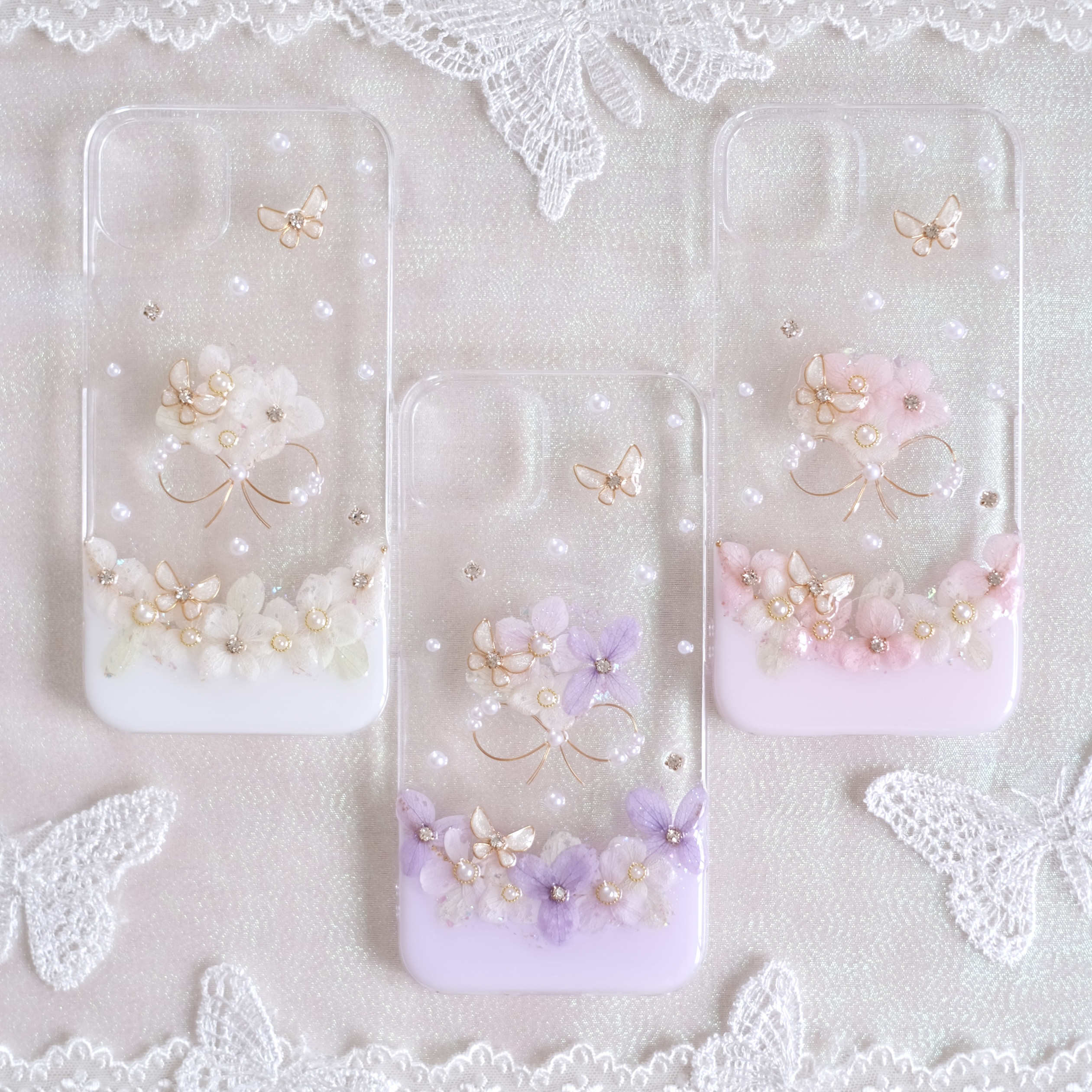 【リニューアル・全機種対応】紫陽花と蝶のブーケ❁.*･ﾟスマホケース