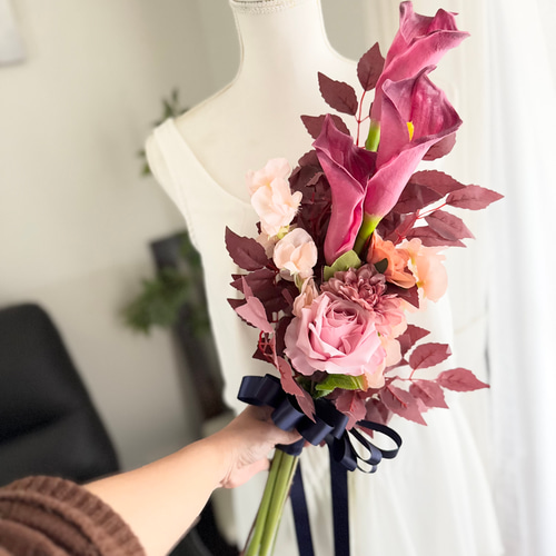 ウェディングブーケ ブートニアアーティフィシャルフラワー ピンク 紫