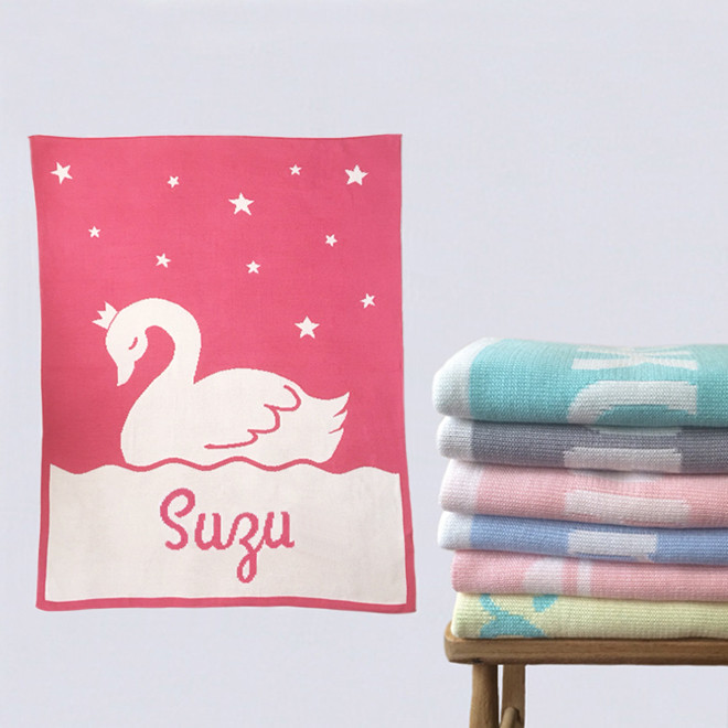 名入れ ブランケット・ スワン /レギュラーサイズ・出産祝い　ニット　ギフト
