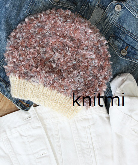 【ゆったりニットベレー帽】イタリア製ファー　しめつけない 　ファー　ピンクグレージュ