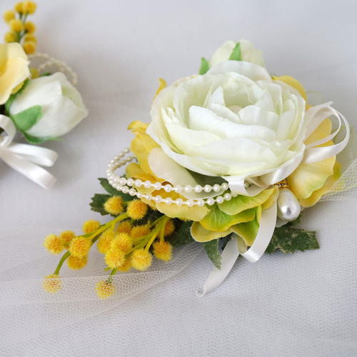 親子ペア2個セット＊男の子＊ラナンキュラスとミモザのコサージュ  