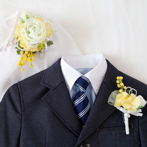 親子ペア2個セット＊男の子＊ラナンキュラスとミモザのコサージュ  