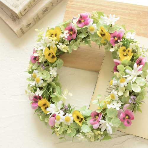 パンジーと小花がいっぱい春リーススプリングリースナチュラル