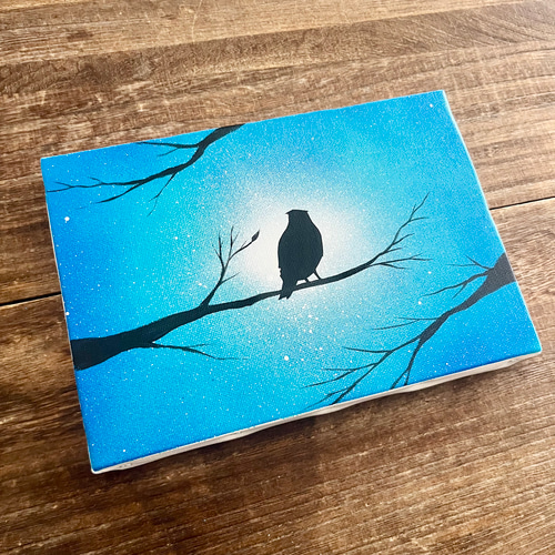 森の梟」原画 夜×フクロウ×木枝 青 ターコイズ 絵画 キャンバス 風景画