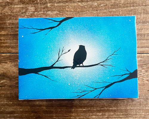 森の梟」原画 夜×フクロウ×木枝 青 ターコイズ 絵画 キャンバス 風景画