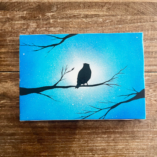 森の梟」原画 夜×フクロウ×木枝 青 ターコイズ 絵画 キャンバス 風景画