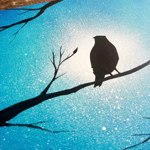森の梟」原画 夜×フクロウ×木枝 青 ターコイズ 絵画 キャンバス 風景画