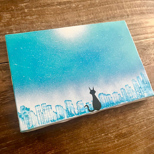 猫のいる街」原画 黒猫×夜空 青 ターコイズ 絵画 キャンバス 風景画