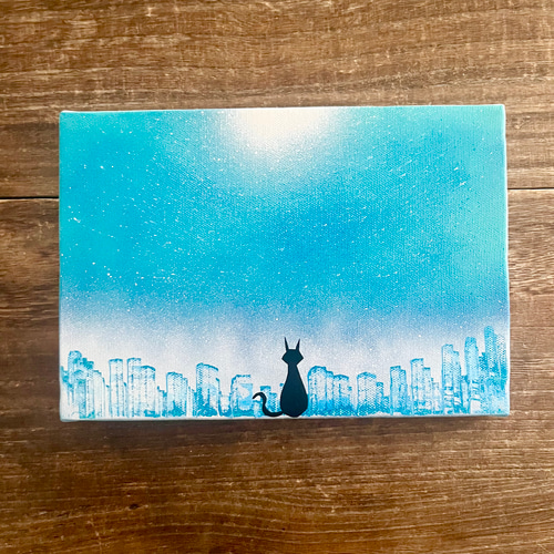 猫のいる街」原画 黒猫×夜空 青 ターコイズ 絵画 キャンバス 風景画