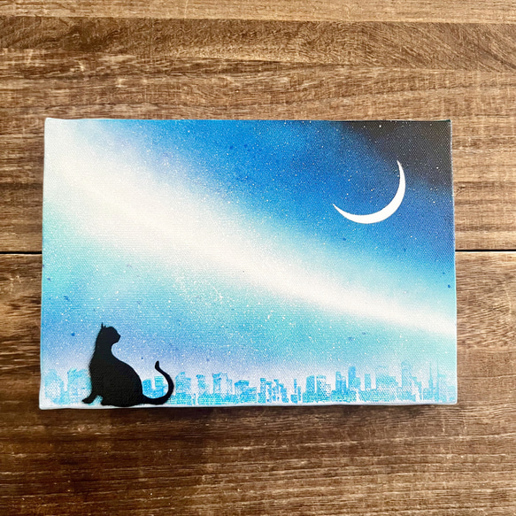 三日月と猫」原画 夜×星空×黒猫 青 絵画 キャンバス 風景画