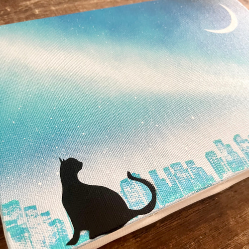三日月と猫」原画 夜×星空×黒猫 青 絵画 キャンバス 風景画 スプレー