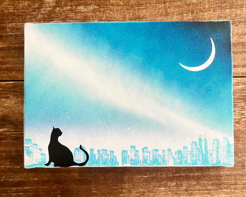 三日月と猫」原画 夜×星空×黒猫 青 絵画 キャンバス 風景画 スプレー