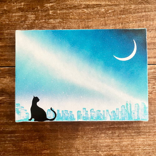 三日月と猫」原画 夜×星空×黒猫 青 絵画 キャンバス 風景画 スプレー