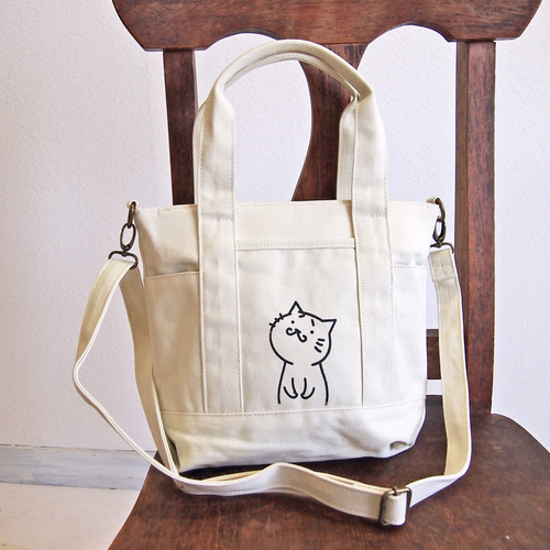 便利ファスナー ポケット 2WAYショルダートートバッグS 白 帆布 猫