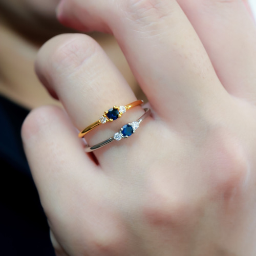 MR63】YG 華奢で優美なサファイア ダイヤモンド リング／K18 重ね付け