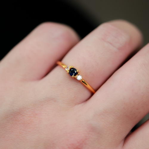MR63】YG 華奢で優美なサファイア ダイヤモンド リング／K18 重ね付け