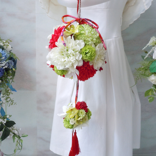 アーティフィシャルフラワー 造花◇和風のボールブーケ レッド