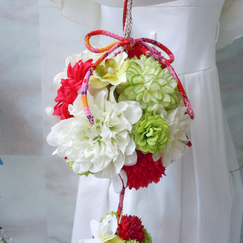 アーティフィシャルフラワー 造花◇和風のボールブーケ レッド