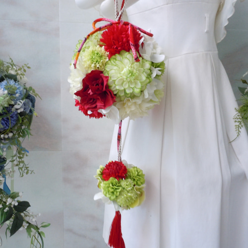 アーティフィシャルフラワー 造花◇和風のボールブーケ レッド