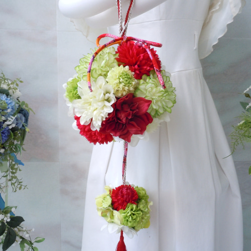 アーティフィシャルフラワー 造花◇和風のボールブーケ レッド