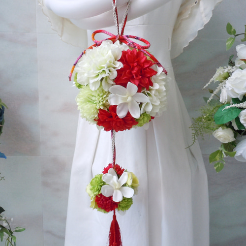 アーティフィシャルフラワー 造花◇和風のボールブーケ レッド