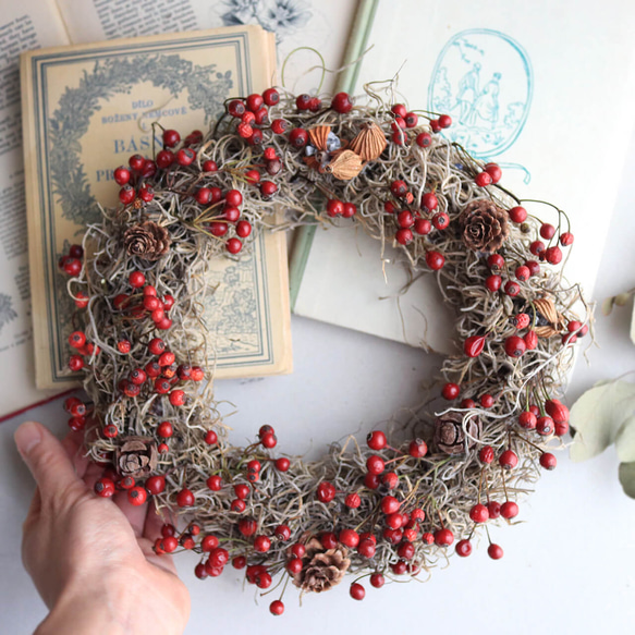 野ばらの実　リース　大きめ ドライフラワー】野バラの実のリース ◇大人気の赤い野バラの実の