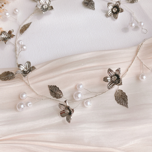 flower pearl ヘッドドレス　gold/silver 小枝アクセサリー 9枚目の画像