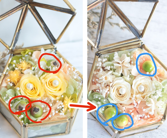 【カラーオーダーOK】“シャンパン＆ピンクホワイト”のテント型アンティークガラスケースのリングピロー（S） 7枚目の画像