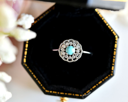 ターコイズ フラワーデザインリング Indian Jewelry ターコイズ・フラワーデザイン 花型石留め立体