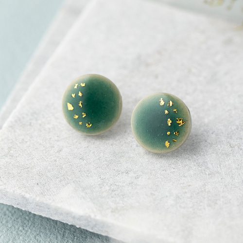 07 ハンドメイドピアス　みことまい追加 美濃焼 陶器 星屑 ピアス／イヤリング｜青磁 グリーン 丸 ピアス