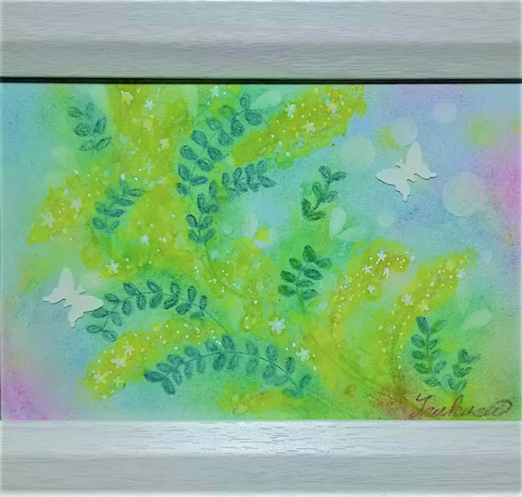 パステルアート　ミモザと蝶の語らい　パステル画&色鉛筆原画 2枚目の画像