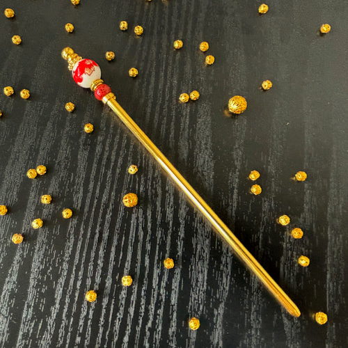 かんざし 牡丹の花柄陶器ビーズ 一本挿し 一本簪 赤 レッド 白