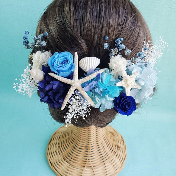 ローズ　　ブルーグラデーション　スターフィッシュ　髪飾り　結婚式　ウェディング　貝殻 1枚目の画像