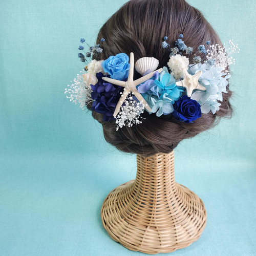 ローズ ブルーグラデーション スターフィッシュ 髪飾り 結婚式  
