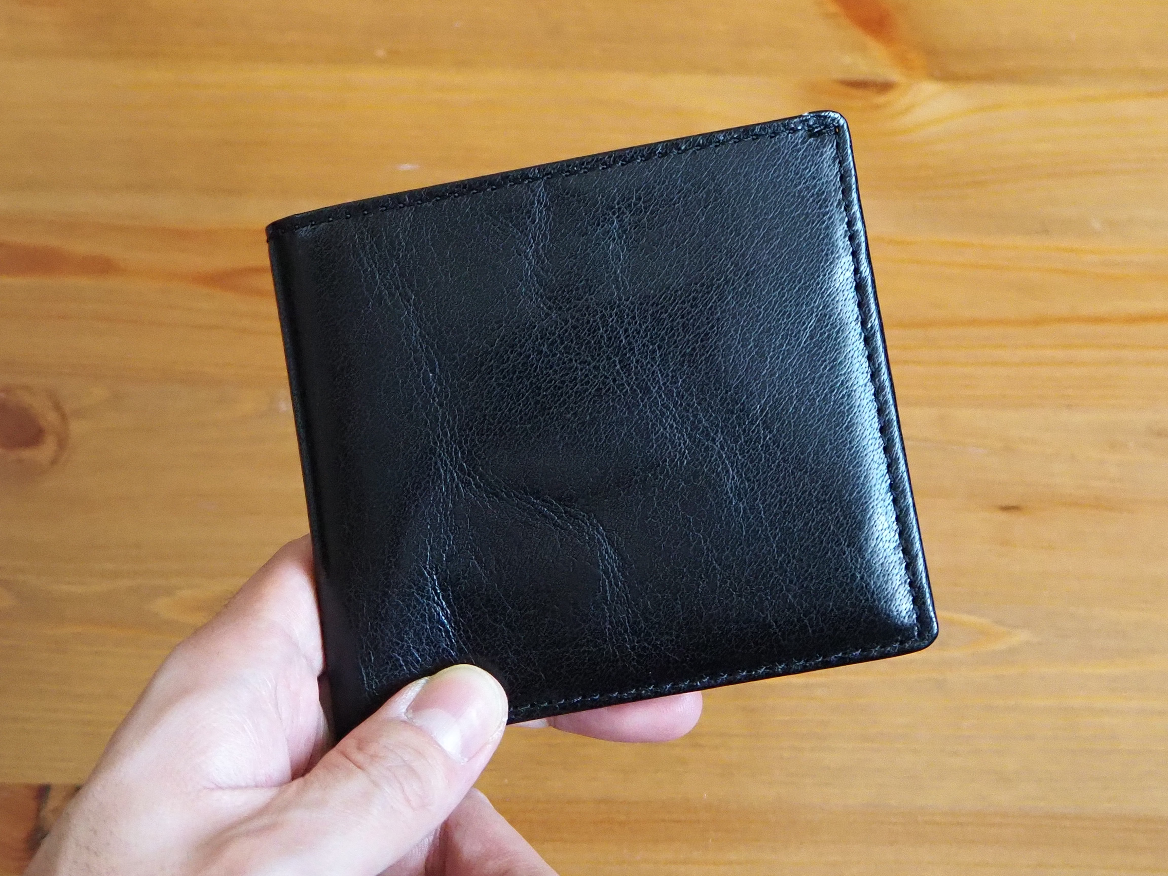 本革 バッファロー 二つ折り財布 小銭入れあり ブラック (水牛革)