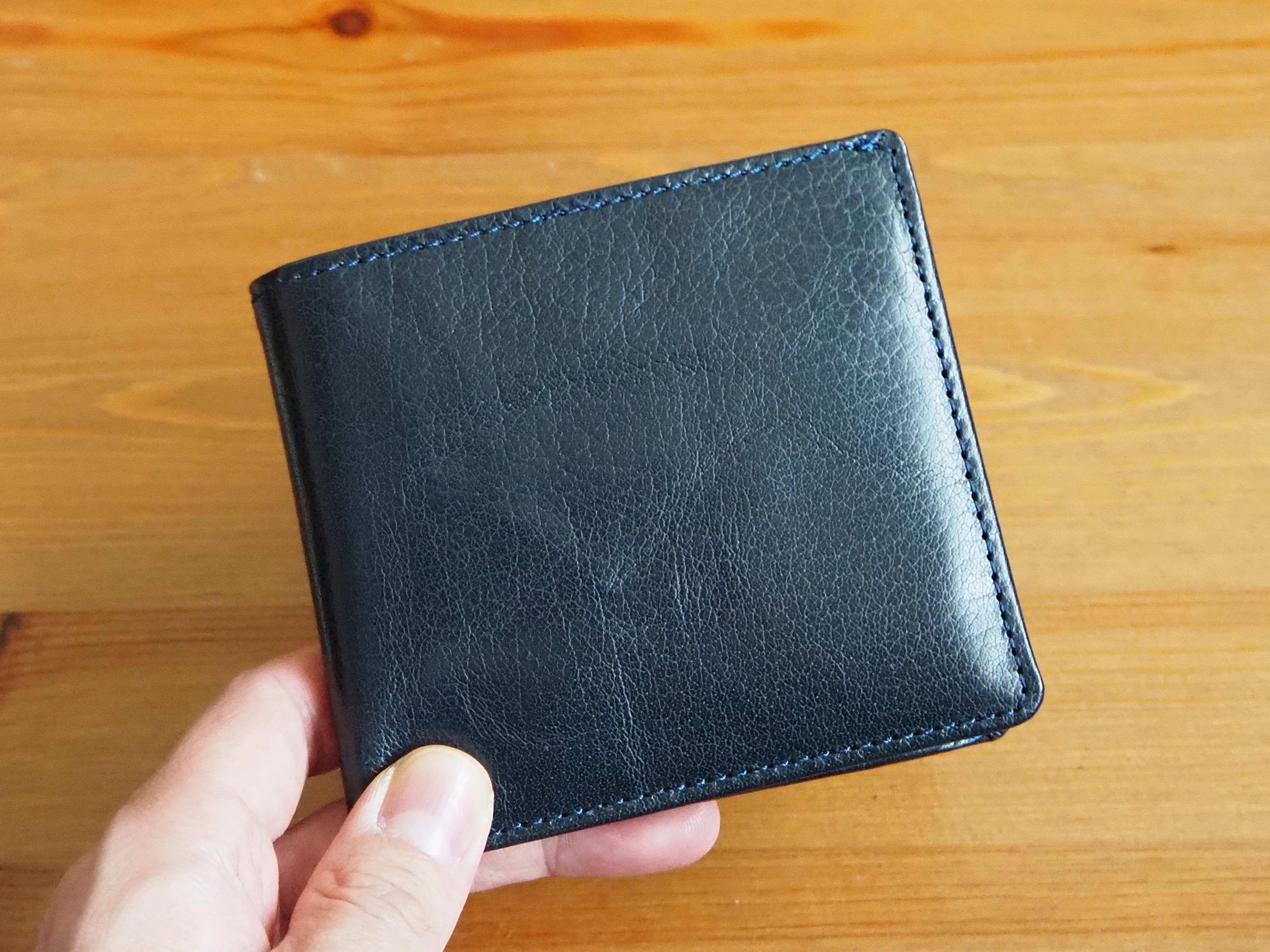 本革 バッファロー 二つ折り財布 小銭入れあり ネイビー (水牛革)