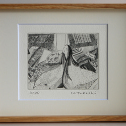 永井雅人銅版画作品 「夜と華」小型モノクローム作品 美品未使用 白黒