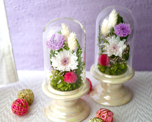 仏花」ことね菊のガラスドーム プリザーブドフラワー＜受注制作