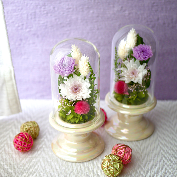 「仏花」ことね菊のガラスドーム プリザーブドフラワー＜受注制作＞お供え花 1枚目の画像